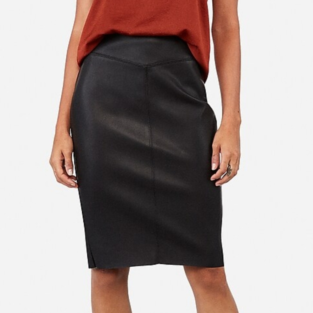 Express Faux Leather Seamed Brown Pencil Skirt